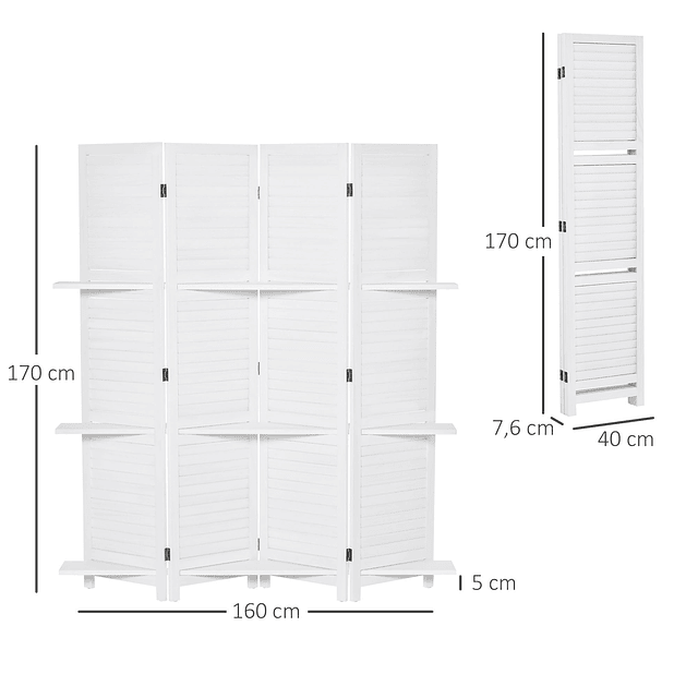 Biombo de 4 painéis de madeira separador de ambiente dobrável com 3 prateleiras removíveis desenho persiana para dormitório escritório 160x170cm branco