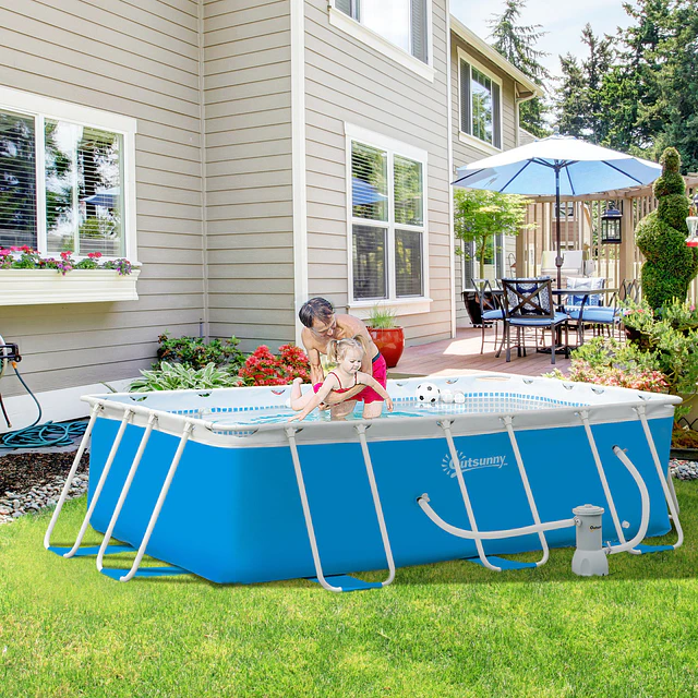 Piscina desmontável tubular 340x215x80cm piscina retangular de exterior com purificador 4.000l/h mangueiras de comprimento 100cm e estrutura de aço azul