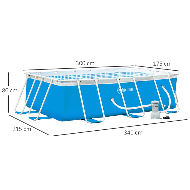 Piscina desmontável tubular 340x215x80cm piscina retangular de exterior com purificador 4.000l/h mangueiras de comprimento 100cm e estrutura de aço azul