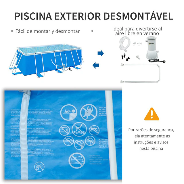 Piscina desmontável tubular 440x240x122cm piscina retangular de exterior com purificador 4.000l/h mangueiras de comprimento 100cm e estrutura de aço azul