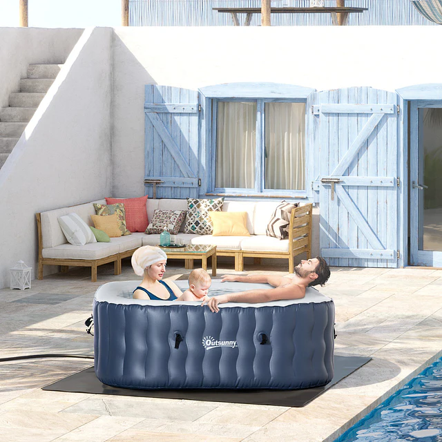 Spa insuflável quadrado para 4-6 pessoas 930l jacuzzi insuflável 180x180x68cm com 108 jatos de massagem aquecimento controlo remoto filtro e tapete para exterior azul
