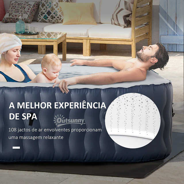 Spa insuflável quadrado para 4-6 pessoas 930l jacuzzi insuflável 180x180x68cm com 108 jatos de massagem aquecimento controlo remoto filtro e tapete para exterior azul