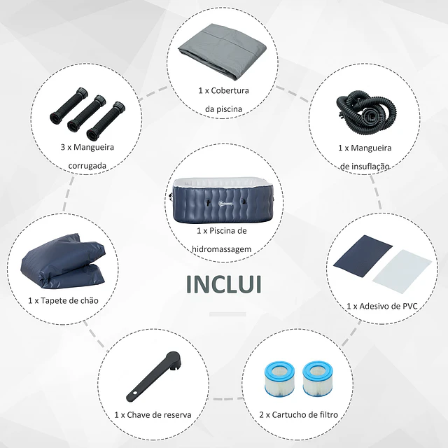 Spa insuflável quadrado para 4-6 pessoas 930l jacuzzi insuflável 180x180x68cm com 108 jatos de massagem aquecimento controlo remoto filtro e tapete para exterior azul