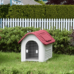 Casota para cães com porta removível base elevada 3 respiradouros e janela para interior e exterior 72x87x75cm cinza e vermelho