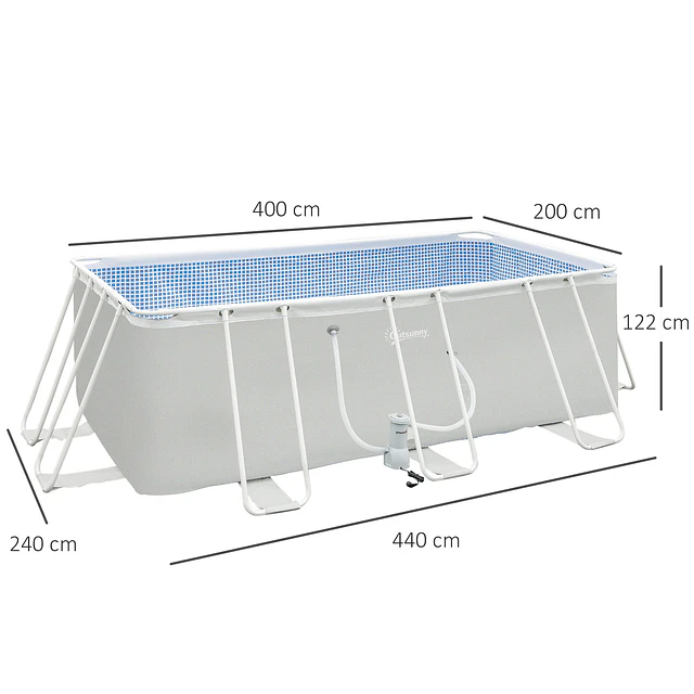 Piscina desmontável tubular 440x240x122cm piscina retangular de exterior com purificador 4.000l/h mangueiras de comprimento 100cm e estrutura de aço cinza