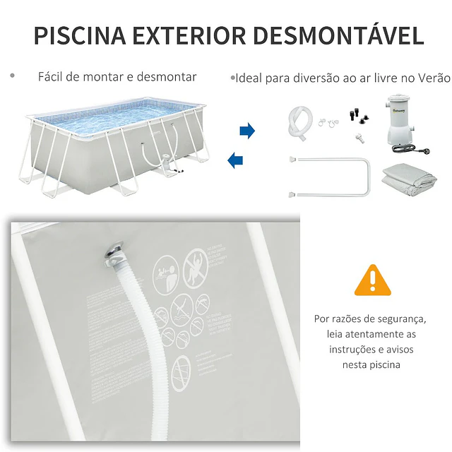 Piscina desmontável tubular 440x240x122cm piscina retangular de exterior com purificador 4.000l/h mangueiras de comprimento 100cm e estrutura de aço cinza