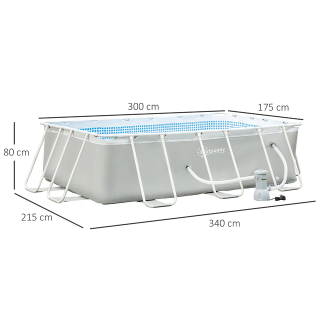 Piscina desmontável tubular 340x215x80cm piscina retangular de exterior com purificador 4.000l/h mangueiras de comprimento 100cm e estrutura de aço cinza