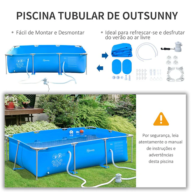 Piscina desmontável tubular 291x190x75cm com depuradora de cartucho piscina retangular de exterior para adultos e crianças 3600l azul