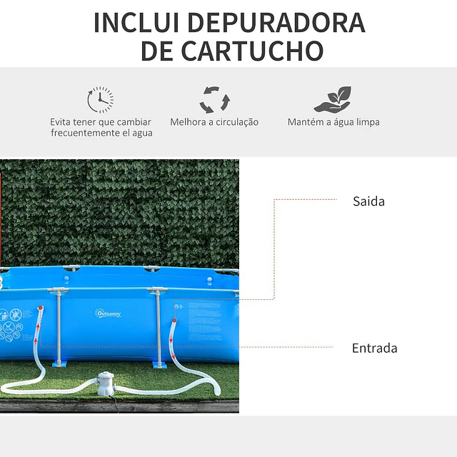 Piscina desmontável tubular 291x190x75cm com depuradora de cartucho piscina retangular de exterior para adultos e crianças 3600l azul