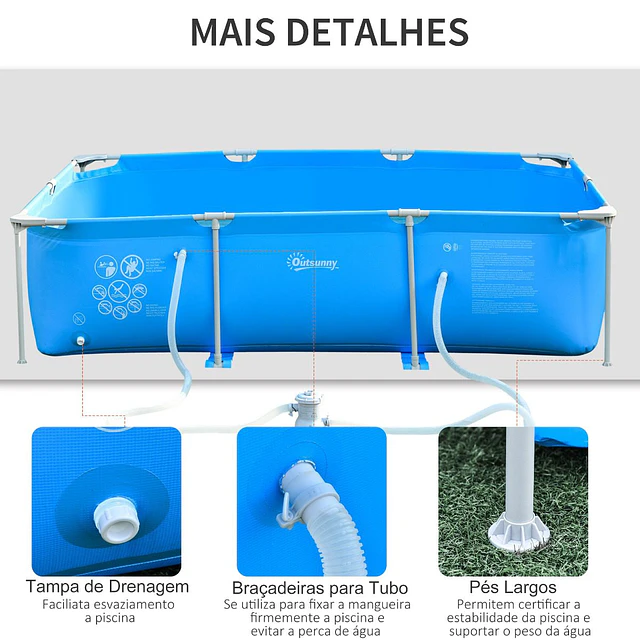 Piscina desmontável tubular 291x190x75cm com depuradora de cartucho piscina retangular de exterior para adultos e crianças 3600l azul