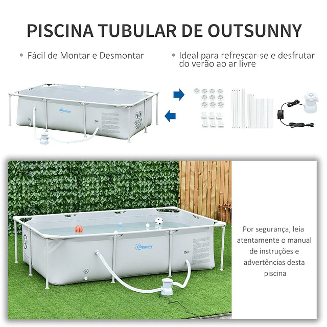 Piscina desmontável tubular 252x152x65cm com depuradora de cartucho piscina retangular de exterior para adultos e crianças 3600l cinza