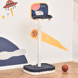 Cesta de basquetebol infantil 2 em 1 portátil com jogo de lançamento de anéis altura ajustável 96-110cm e acessórios incluidos 58,5x56x137cm azul e branco