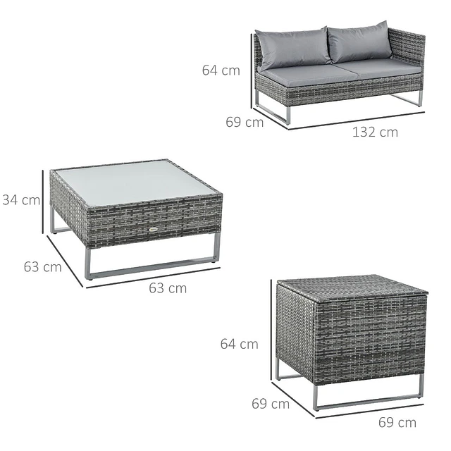 Conjunto de 4 móveis de vime para jardim com 2 sofás duplos mesa central mesa de baú e almofadas removíveis 132x69x64 cm cinza