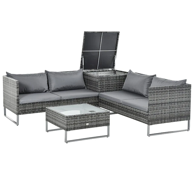 Conjunto de 4 móveis de vime para jardim com 2 sofás duplos mesa central mesa de baú e almofadas removíveis 132x69x64 cm cinza