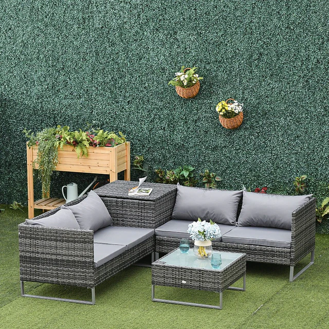 Conjunto de 4 móveis de vime para jardim com 2 sofás duplos mesa central mesa de baú e almofadas removíveis 132x69x64 cm cinza