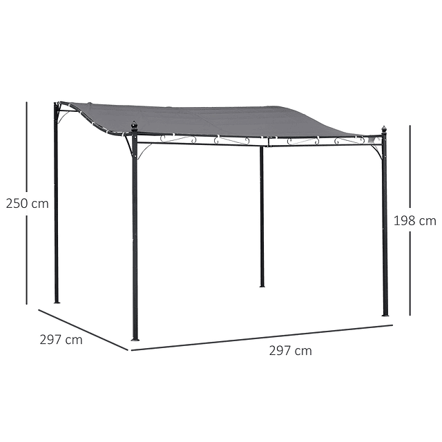 Pergola de jardim 2,97×2,97 m com Toldo e 4 Furos de Drenagem Metal e Poliester 180 g / m² Resistente para pátio jardim Cinza