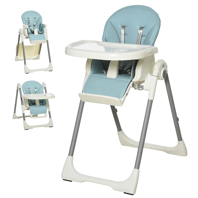 Cadeira de refeição ajustável e dobrável para bebê acima de 6 meses com bandeja dupla 2 rodas e freios 55x80x104 cm Azul