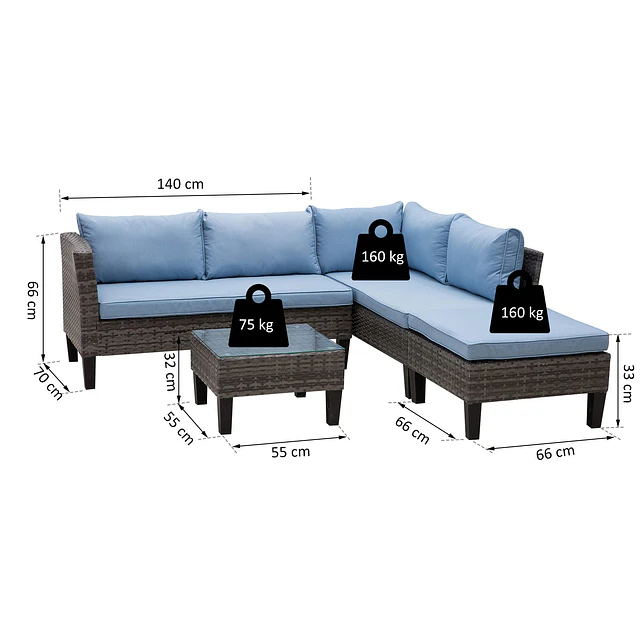 Conjunto de vime ao ar livre com almofadas inclui sofás mesa de café e pufe
