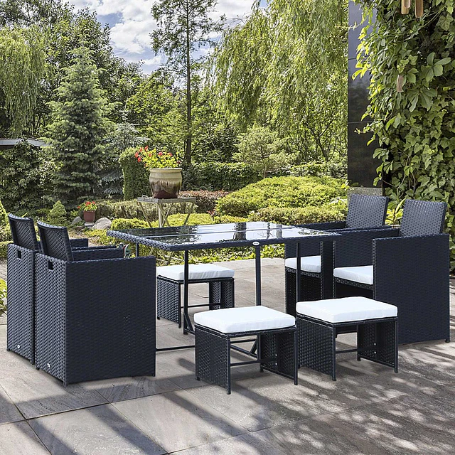 Conjunto de móveis de vime pe para jardim conjunto de 9 peças mesa cadeiras e bancos com almofadas para exterior preto