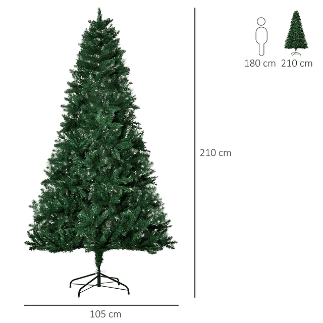 Árvore de natal artificial 210cm ignífuga com 1064 ramas com 2 tipos de pontas de pvc e base de aço decoração de natal para interiores verde