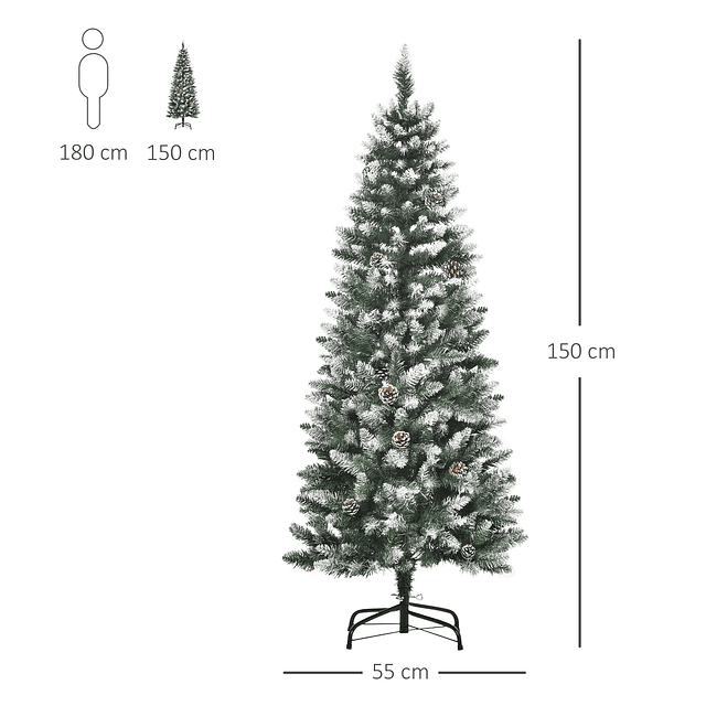 Árvore de natal artificial ø55x150cm com 464 ramas e 28 pinhas folhas de pvc base dobrável e suporte metálico decoração de natal para interiores verde