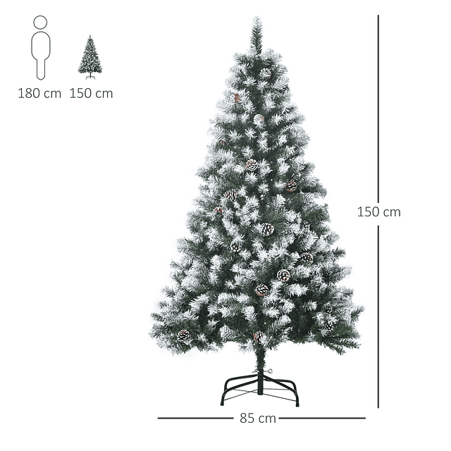 Árvore de natal artificial 150cm com 676 ramas e 41 pinhas folhas de pvc com efeito de neve base dobrável e suporte metálico para interiores verde