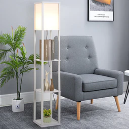 Candeeiro de Pé de Madeira com 3 Prateleiras De Armazenamento para Lâmpada E27 Potência Máx. 40W Candeeiro Moderno para Sala de Estar Dormitório 26x26x160cm Branco