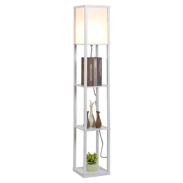 Candeeiro de Pé de Madeira com 3 Prateleiras De Armazenamento para Lâmpada E27 Potência Máx. 40W Candeeiro Moderno para Sala de Estar Dormitório 26x26x160cm Branco