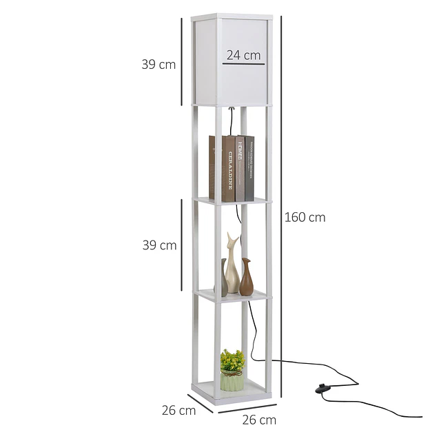 Candeeiro de Pé de Madeira com 3 Prateleiras De Armazenamento para Lâmpada E27 Potência Máx. 40W Candeeiro Moderno para Sala de Estar Dormitório 26x26x160cm Branco