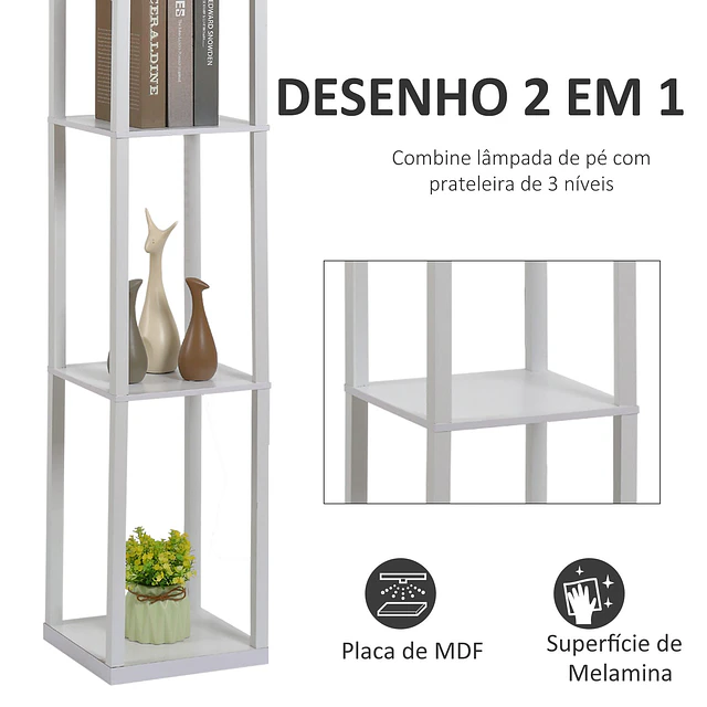 Candeeiro de Pé de Madeira com 3 Prateleiras De Armazenamento para Lâmpada E27 Potência Máx. 40W Candeeiro Moderno para Sala de Estar Dormitório 26x26x160cm Branco