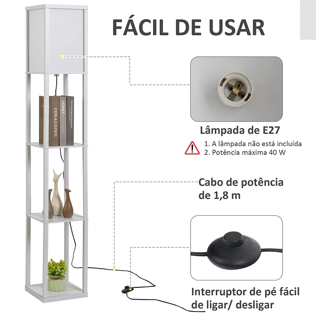 Candeeiro de Pé de Madeira com 3 Prateleiras De Armazenamento para Lâmpada E27 Potência Máx. 40W Candeeiro Moderno para Sala de Estar Dormitório 26x26x160cm Branco