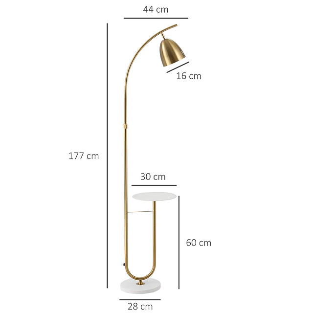 Candeeiro de Pé Vintage com Mesa Auxiliar Suporte para Lâmpada E27 Máx. 40W e Interruptor de Pé para Sala de Estar Dormitório Estúdio 30x44x177cm Dourado