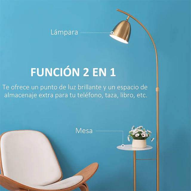 Candeeiro de Pé Vintage com Mesa Auxiliar Suporte para Lâmpada E27 Máx. 40W e Interruptor de Pé para Sala de Estar Dormitório Estúdio 30x44x177cm Dourado