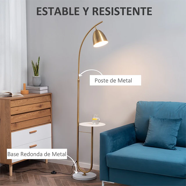 Candeeiro de Pé Vintage com Mesa Auxiliar Suporte para Lâmpada E27 Máx. 40W e Interruptor de Pé para Sala de Estar Dormitório Estúdio 30x44x177cm Dourado