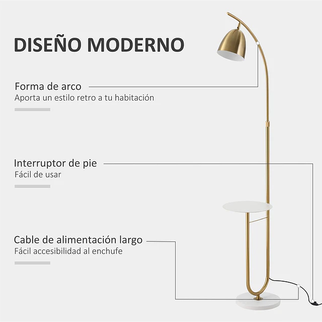 Candeeiro de Pé Vintage com Mesa Auxiliar Suporte para Lâmpada E27 Máx. 40W e Interruptor de Pé para Sala de Estar Dormitório Estúdio 30x44x177cm Dourado