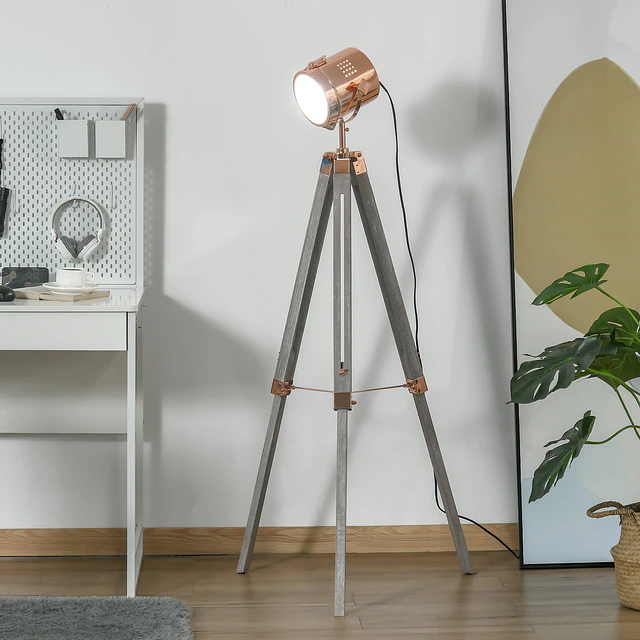 Candeeiro de Pé com Tripé de Madeira Suporte para Lâmpada E14 Máx. 25W IP20 Altura Ajustável Interruptor de Pé Candeeiro de Pé para Sala de Estar Dormitório Escritório Ø65×100-140cm Madeira En
