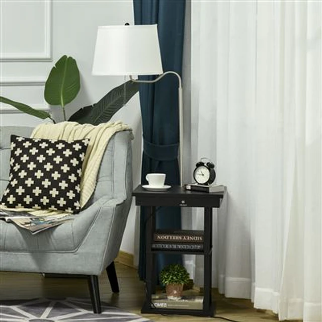 Candeeiro de Pé com Mesa Auxiliar Candeeiro com Prateleira e 2 Entradas USB Suporte para Lâmpada E27 Máx. 40W para Sala de Estar Dormitório 44,5×44,5×144,5 cm Branco e Negro