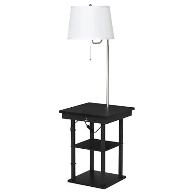 Candeeiro de Pé com Mesa Auxiliar Candeeiro com Prateleira e 2 Entradas USB Suporte para Lâmpada E27 Máx. 40W para Sala de Estar Dormitório 44,5×44,5×144,5 cm Branco e Negro