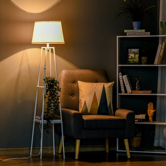 Lâmpada de pé Tripé de metal Soquete E27 de Máximo 40W com tela de linho e prateleira de 2 níveis 35,5×35,5×158 cm Branco