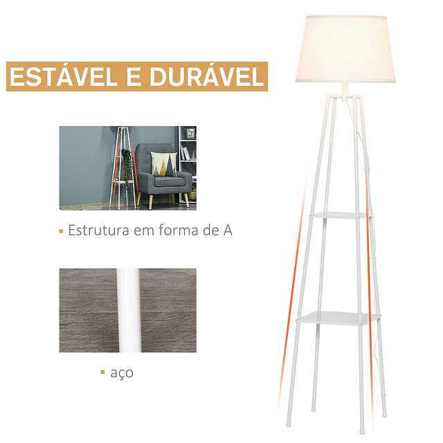 Lâmpada de pé Tripé de metal Soquete E27 de Máximo 40W com tela de linho e prateleira de 2 níveis 35,5×35,5×158 cm Branco