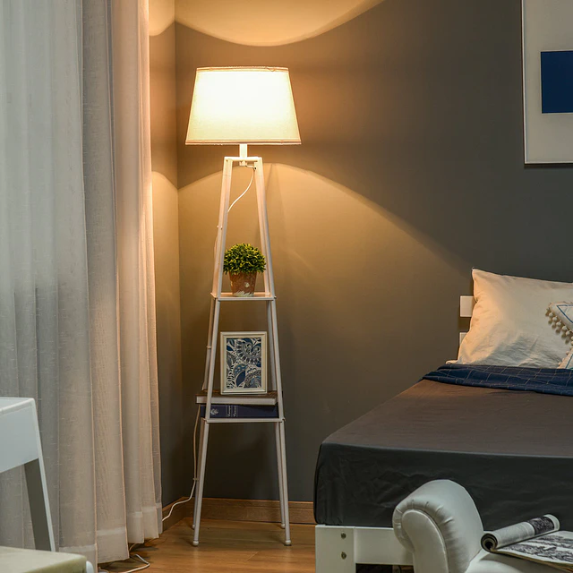 Lâmpada de pé Tripé de metal Soquete E27 de Máximo 40W com tela de linho e prateleira de 2 níveis 35,5×35,5×158 cm Branco