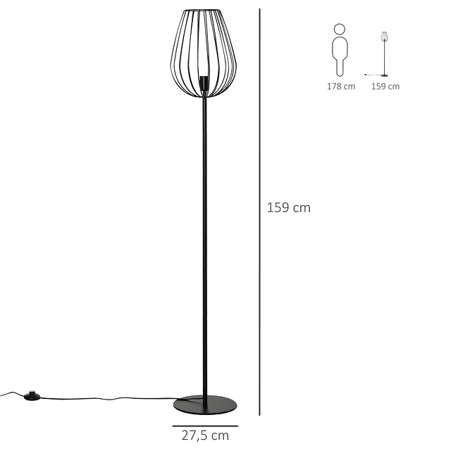 Lâmpada de pé com base de metal moderno com interruptor de pé Ф27,5×159 cm Preto