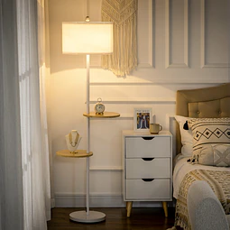 Candeeiro de Pé com Prateleiras Candeeiro de Pé Moderno Lâmpada E27 Máx. 40W com Ecrã de Linho e Interruptor de Pé para Sala de Estar Dormitório Habitação Ø40×163 cm Branco
