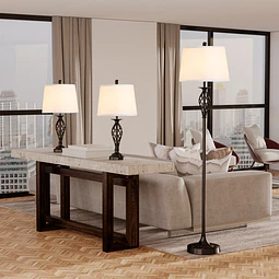 Conjunto de 2 Candeeiros de Mesa e Candeeiro de Pé com Ecrã de Tecido E27 Máx. 40W IP20 e Interruptor de Pé Candeeiros para Sala de Estar Dormitório Ø38×158 cm e Ø30×62 cm Branco