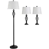 Conjunto de 2 Candeeiros de Mesa e Candeeiro de Pé com Ecrã de Tecido E27 Máx. 40W IP20 e Interruptor de Pé Candeeiros para Sala de Estar Dormitório Ø38×158 cm e Ø30×62 cm Branco