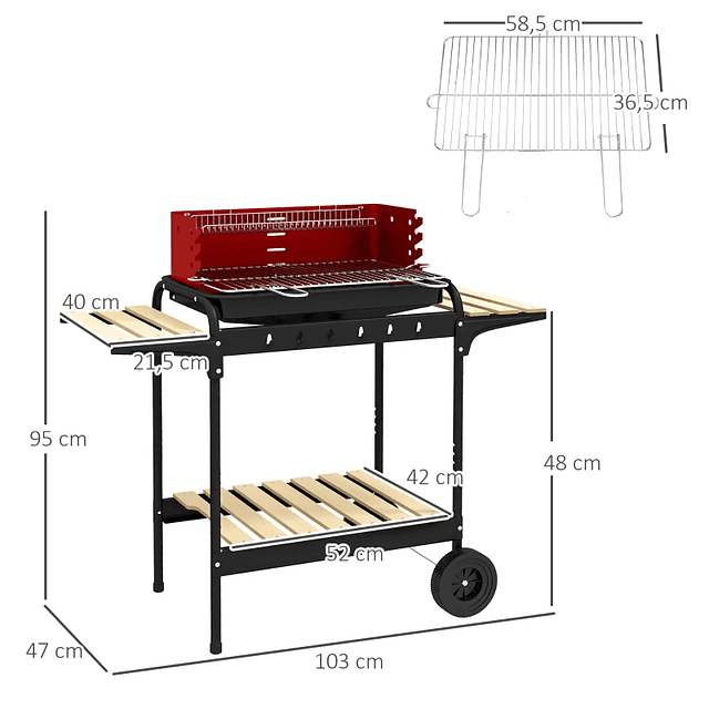 Barbecue a Carvão com Rodas Portátil com Grelha Ajustável em Altura para Piquenique Campismo 103x47x95 cm Vermelho e Preto