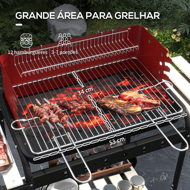 Barbecue a Carvão com Rodas Portátil com Grelha Ajustável em Altura para Piquenique Campismo 103x47x95 cm Vermelho e Preto