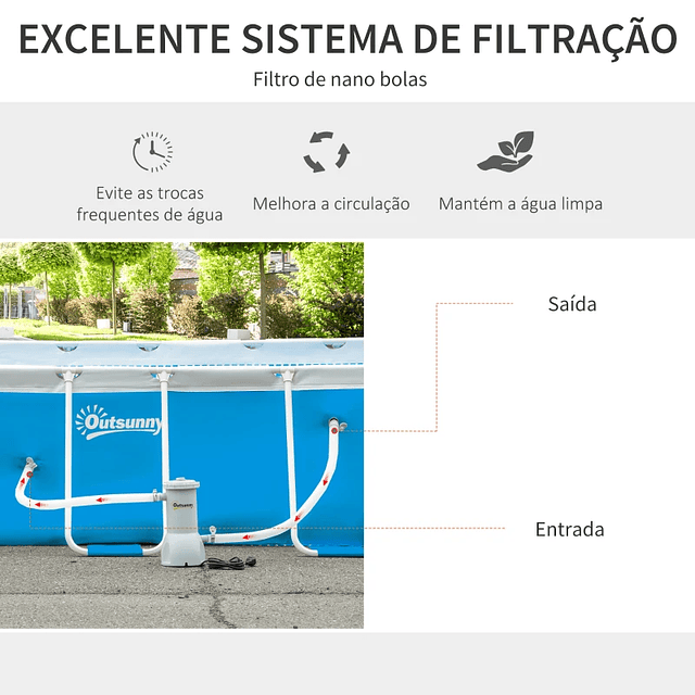 Piscina Desmontável Tubular 340x215x80cm Piscina Retangular de Exterior com Purificador 4.000L/H Mangueiras de Comprimento 100cm e Estrutura de Aço 4200L Azul