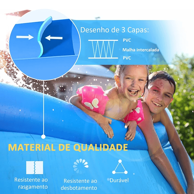 Piscina Inflável Redonda 4.000 Litros Ø274x76cm para 3-4 Pessoas Piscina Insuflável Familiar Adultos e Crianças com Inflador de Mão para Jardim Pátio Exterior Azul