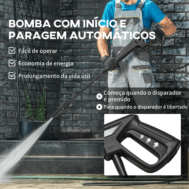 Lavadora de Alta Pressão 1600W Caudal 432 L/h Bomba de Alumínio Pressão de 135 Bar Mangueira de 6 m 32x24x65 cm Azul